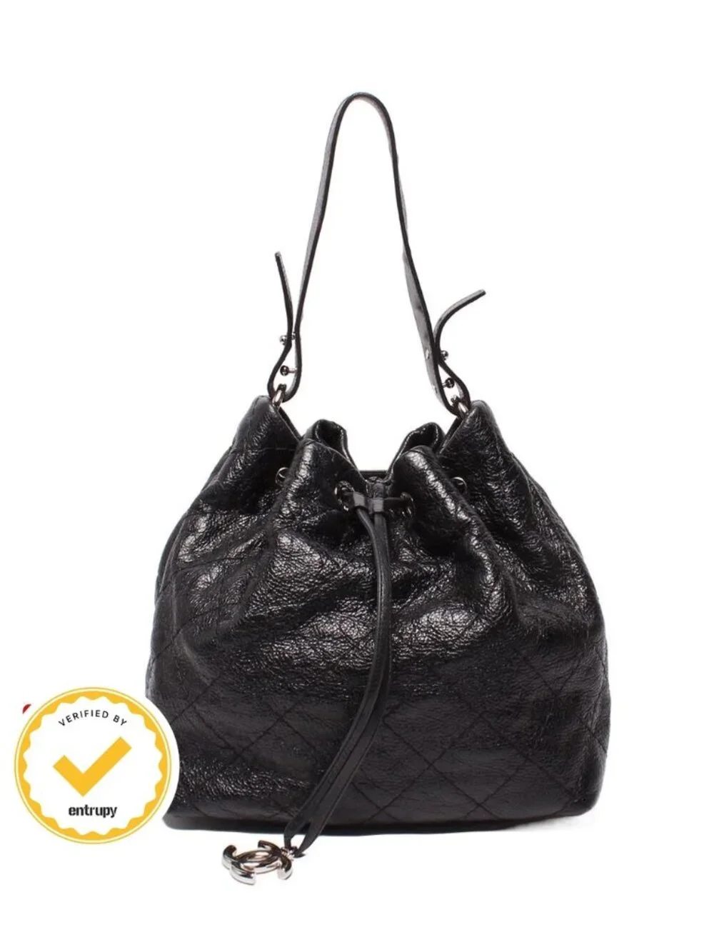 Chanel Leather Shoulder Bag Drawstring Quilted Silver on the Road